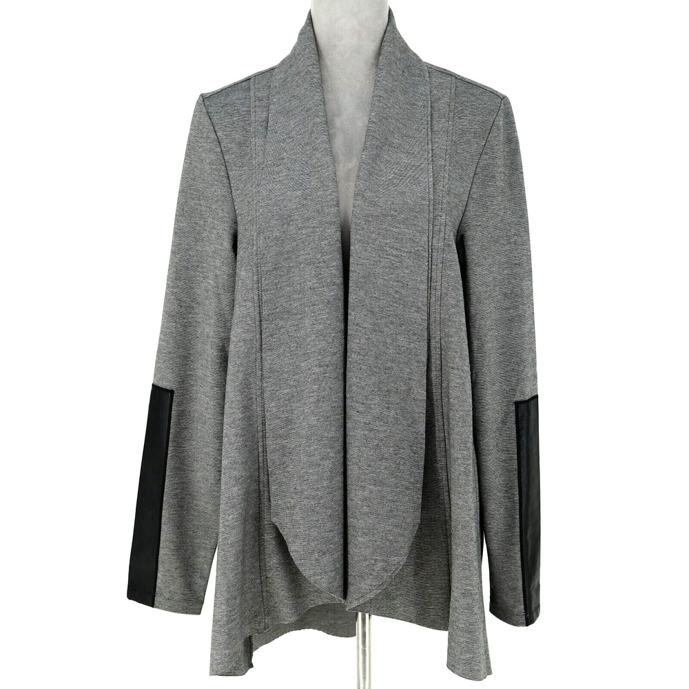 Joan Vass NY Jacket Womens Medium Gray Stretch Knit Faux Leather on Sleeves